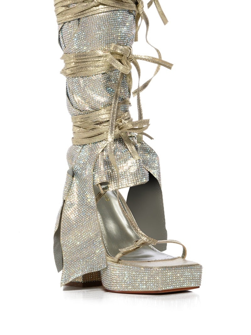 Crystal-Embellished Gold Lace-Up Platform Heels - Women